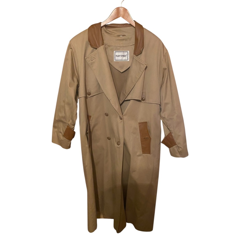 Women's Fleet Street‎ Tan Leather Trim Classic Trench Coat Full Length-Size 8